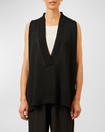 Eskandar Sleeveless A-line V-neck Vest (mid Plus Length) In Black