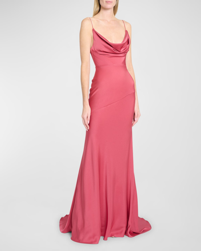 Alex Perry Satin Crepe Cowl Draped Gown In Garnet Rose