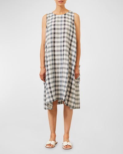 Eskandar 3/4-length Side Pleated Sleeveless Dress In Bluecheck