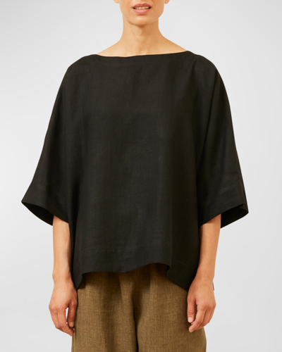 Eskandar Scoop-neck 3/4-sleeve Top With Hem Bands (mid Plus Length) In Black