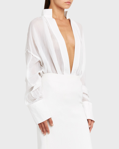 Ferragamo Organza Plunging V-neck Blouse In White