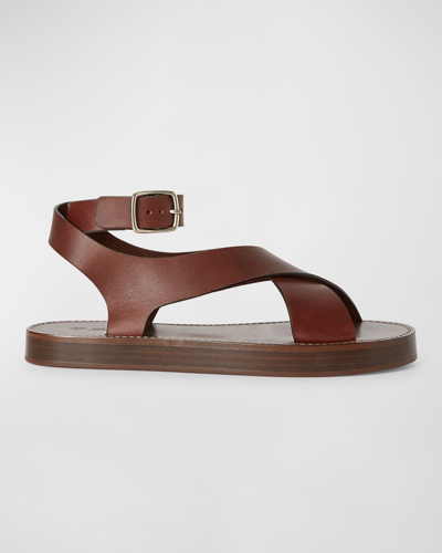 Loro Piana Sumie Leather Cross Sandals In Dark Brown