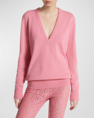 Michael Kors Plunging V-neck Long-sleeve Cashmere Sweater In Geranium