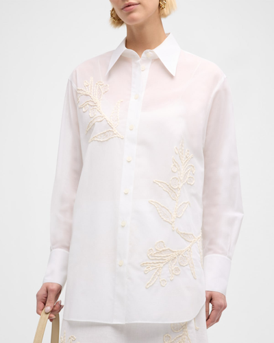 Lafayette 148 Oversized Embroidered Cotton Voile Shirt In White