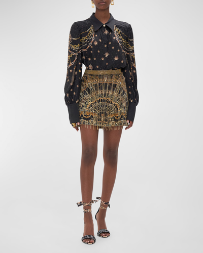 Camilla Crystal Fringe Silk Mini Skirt In Masked Moonlight