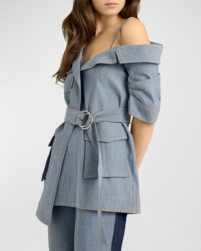 Cinq À Sept Katie One-shoulder Belted Denim Jacket In Light Indigo