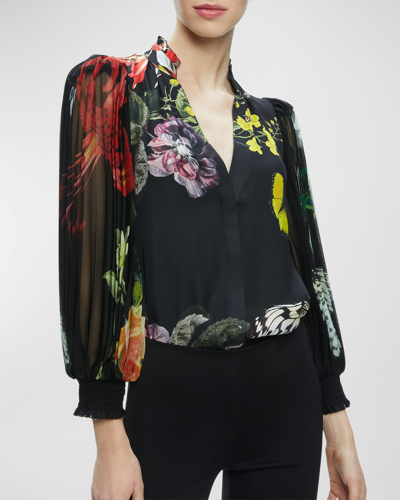 ALICE AND OLIVIA ILAN ESSENTIAL FLORAL PLEATED BUTTON-FRONT BLOUSE