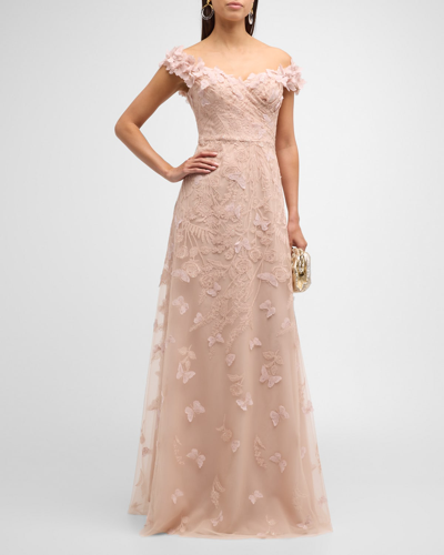 Rickie Freeman For Teri Jon Off-shoulder Floral-embroidered Tulle Gown In Pinknude