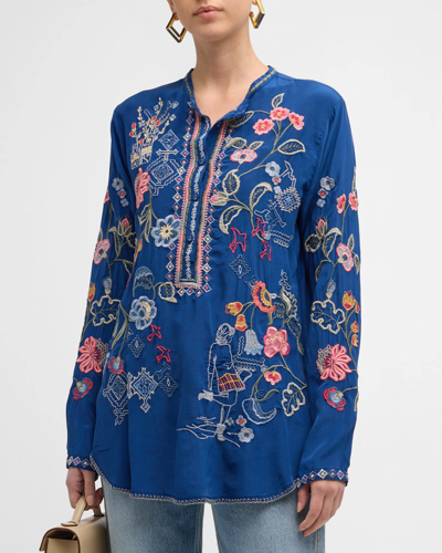 Johnny Was Nya Floral-embroidered Silk Blouse In Blue Bird