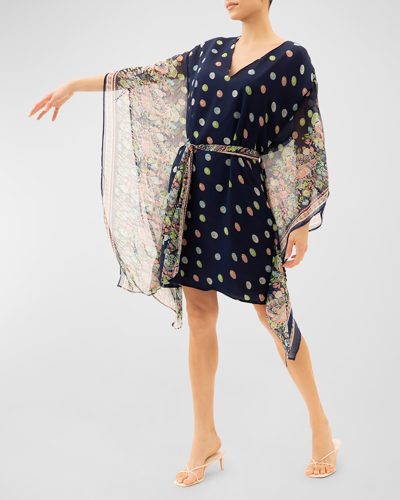 Jaline Paloma Polka-dot Mini Kaftan In Blue