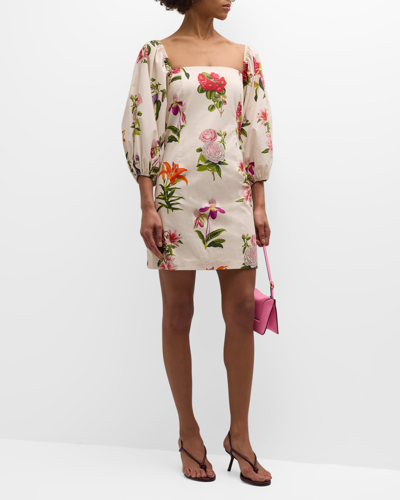 Cara Cara Montauk Puff-sleeve Cotton Poplin Mini Dress In Egret Camellia Fl