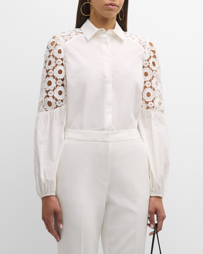 Elie Tahari The Ellison Lace-inset Cotton Blouse In White W/white Lac