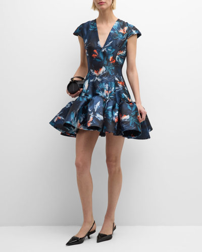 Bach Mai Floral Print Flared Mini Dress In Blue