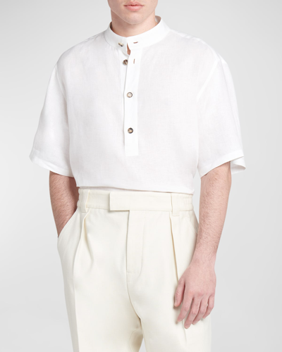 Loro Piana Hakusan Solaire Linen Short Sleeve Shirt In Optical White