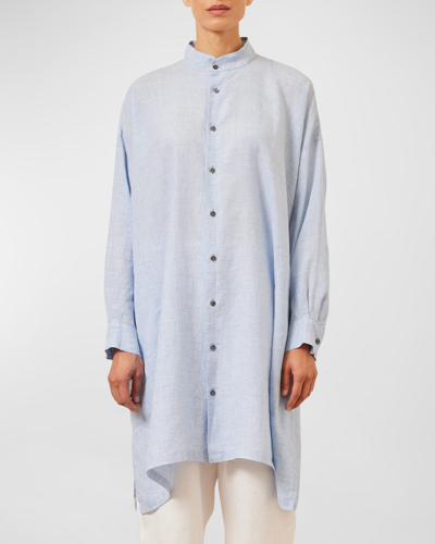 Eskandar Wide A-line Collarless Shirt (very Long Length) With Slits In Sky Blue