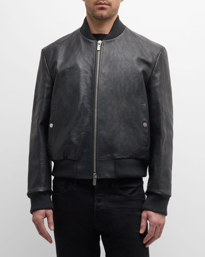 Burberry Men's Grained Leather Bomber Jacket In Onyx