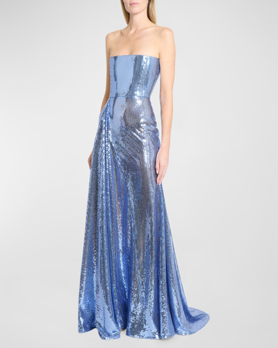 Alex Perry Strapless Godet Drape Sequined Gown In Periwinkle