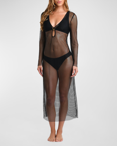 L'agence Swim Sara Crystal Crochet Long-sleeve Dress In Black