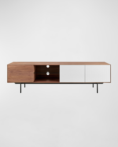 Euro Style Norna 79 Media Stand Panels In Walnut/matte White With Matte Black Legs