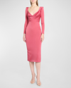 ALEX PERRY COWL-NECK STRONG-SHOULDER LONG-SLEEVE SATIN CREPE MIDI DRESS