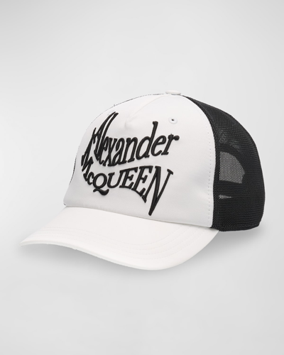 Alexander Mcqueen Men's Warped Logo Trucker Hat In White