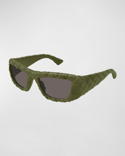 Bottega Veneta Woven Plastic Rectangle Sunglasses In Green