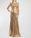 ALEX PERRY SEQUINED STRONG-SHOULDER LONG-SLEEVE PANELED GOWN