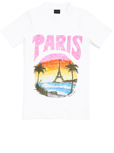 Balenciaga Tropical Paris Cotton Jersey T-shirt In Blanco