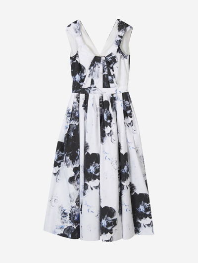 Alexander Mcqueen Womens Ink Floral-print Sweetheart-neck Cotton Midi Dress