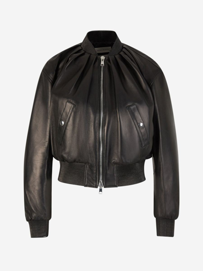 Alexander Mcqueen Ruched Leather Crop Bomber Jacket In Black