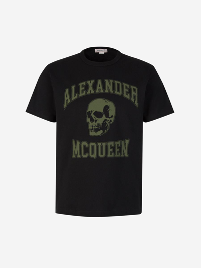 Alexander Mcqueen Printed Cotton T-shirt In Negre