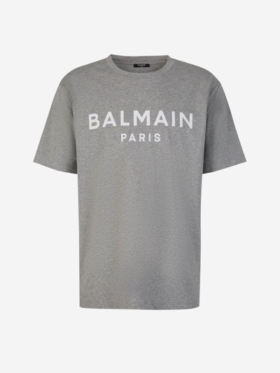 Balmain Logo Cotton T-shirt In Gris Clar
