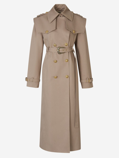 Balmain Cotton Twill Trench Coat In Taupe