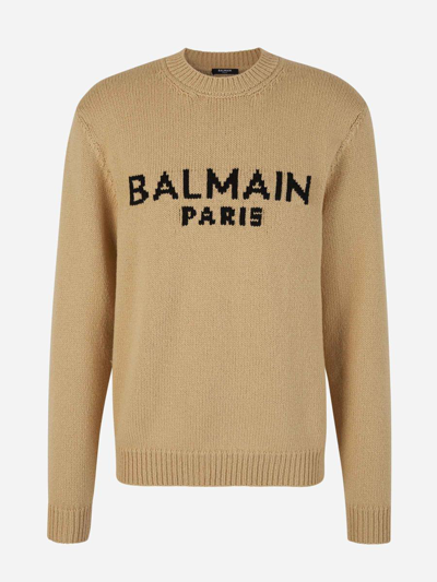 Balmain Beige Jacquard Sweater In Camel