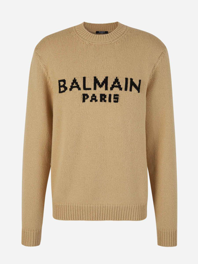 Balmain Beige Jacquard Sweater In Brown