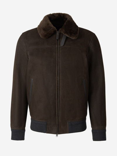 Brioni Shearling-collar Leather Jacket In Marró Fosc