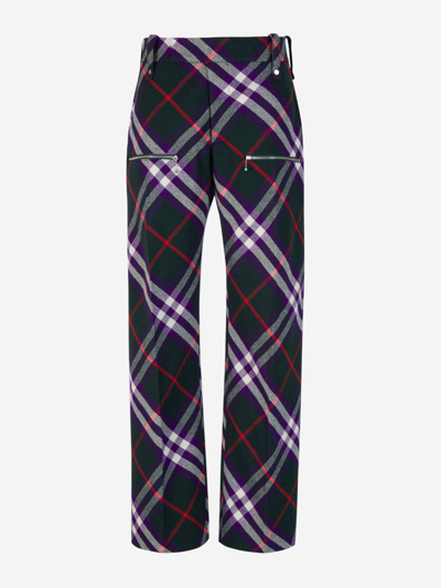 Burberry Checked Motif Wool Trousers In Porpre