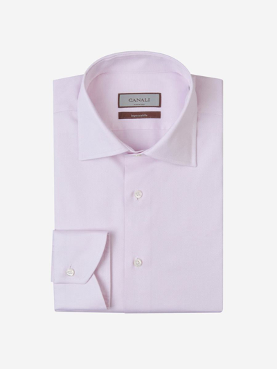 Canali Herringbone Cotton Shirt In Rosa Pal