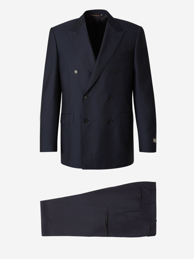 Canali Plain Wool Suit In Blau Nit