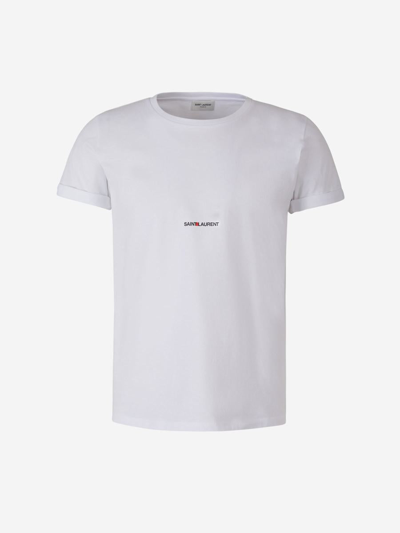 Saint Laurent Logo Cotton T-shirt In Blanc