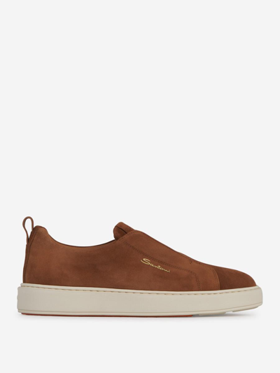 Santoni Leather Slip-on Sneakers In Camel
