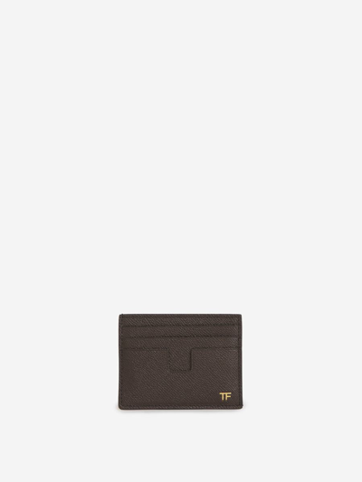 Tom Ford Leather Textured Card Holder In Marró Fosc