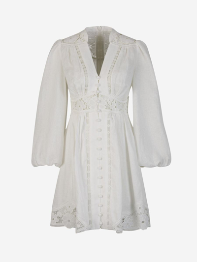 Zimmermann Linen Neckline Dress In Blanc