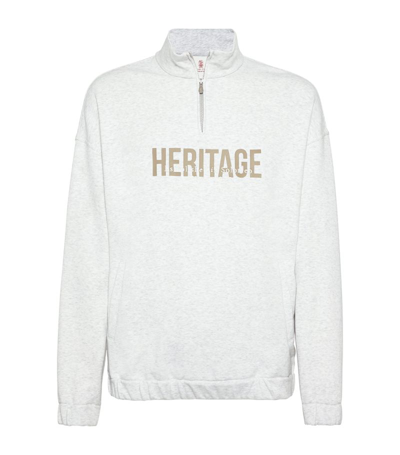 Brunello Cucinelli Logo Print Half-zip Sweatshirt In White