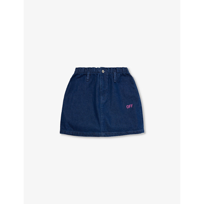Off-white Kids' Branded-print Elasticated-waist Denim Skirt 10-12 Years In Medium Blue