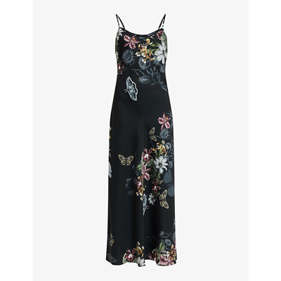Allsaints Womens Black Bryony Sanibel Floral-print Recycled-polyester Midi Slip Dress