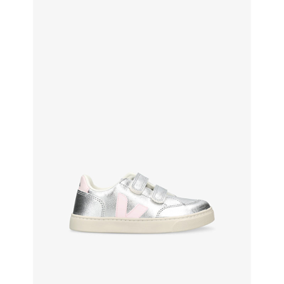 Veja Kids' V12 Logo-embroidered Leather Low-top Trainers 6-9 Yea In Silver