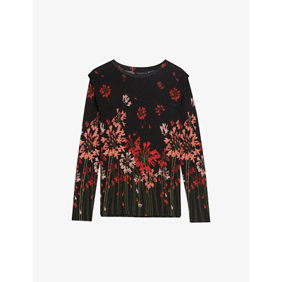 Ted Baker Womens Black Feonlaa Floral-print Slim-fit Woven T-shirt