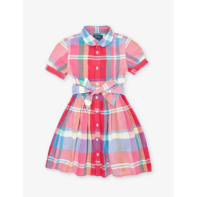 Polo Ralph Lauren Kids' Girls' Check-pattern Flared-hem Cotton Dress In Rdpnk Mult