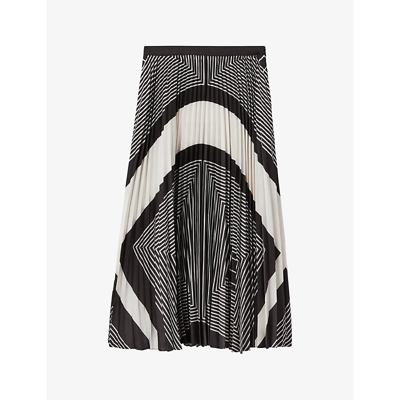 Reiss Black/cream Gabi Printed Pleated Midi Skirt In Black Cream